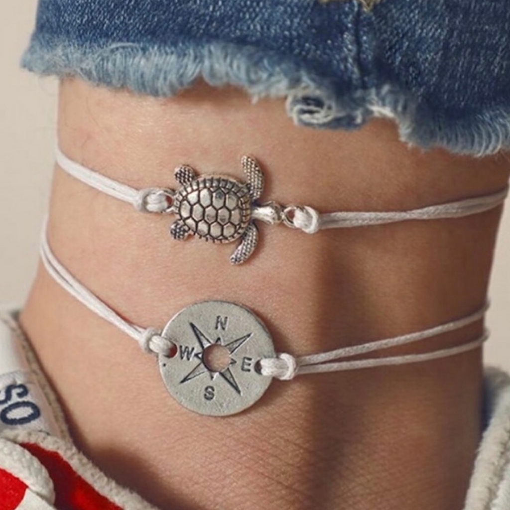 Compass And Turtle Anklet Set